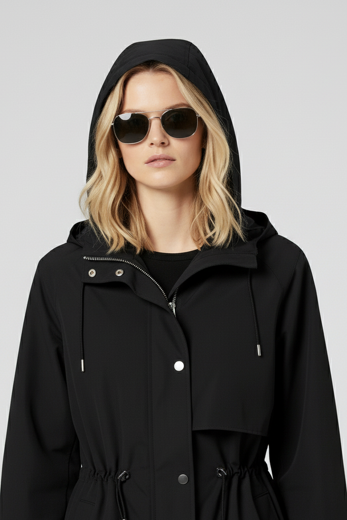 ORVINA Autumn Casual Jacket – woman coat spring – Close-up black hooded jacket front