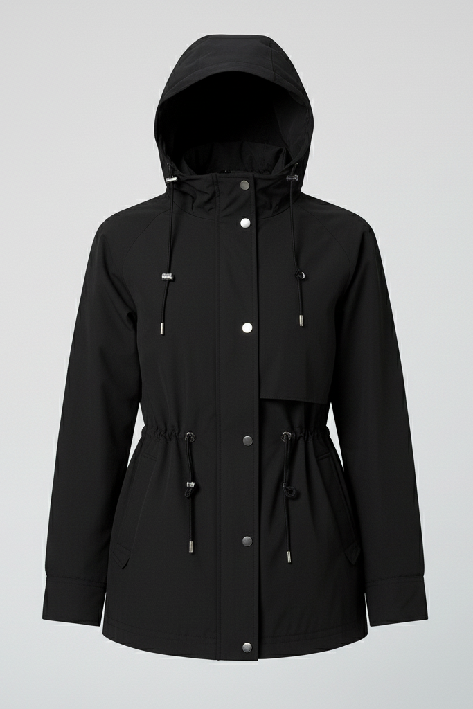 ORVINA Autumn Casual Jacket – woman coat spring – Close-up black hooded jacket front