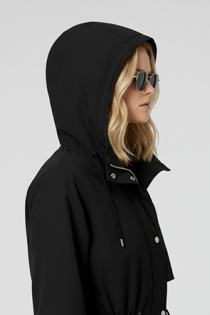 ORVINA Autumn Casual Jacket – woman coat spring – Studio shot black hooded jacket