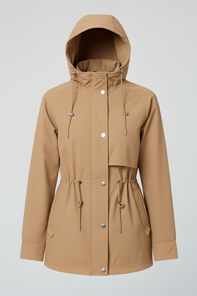 ORVINA Autumn Casual Jacket – woman coat spring – Studio shot beige hooded jacket