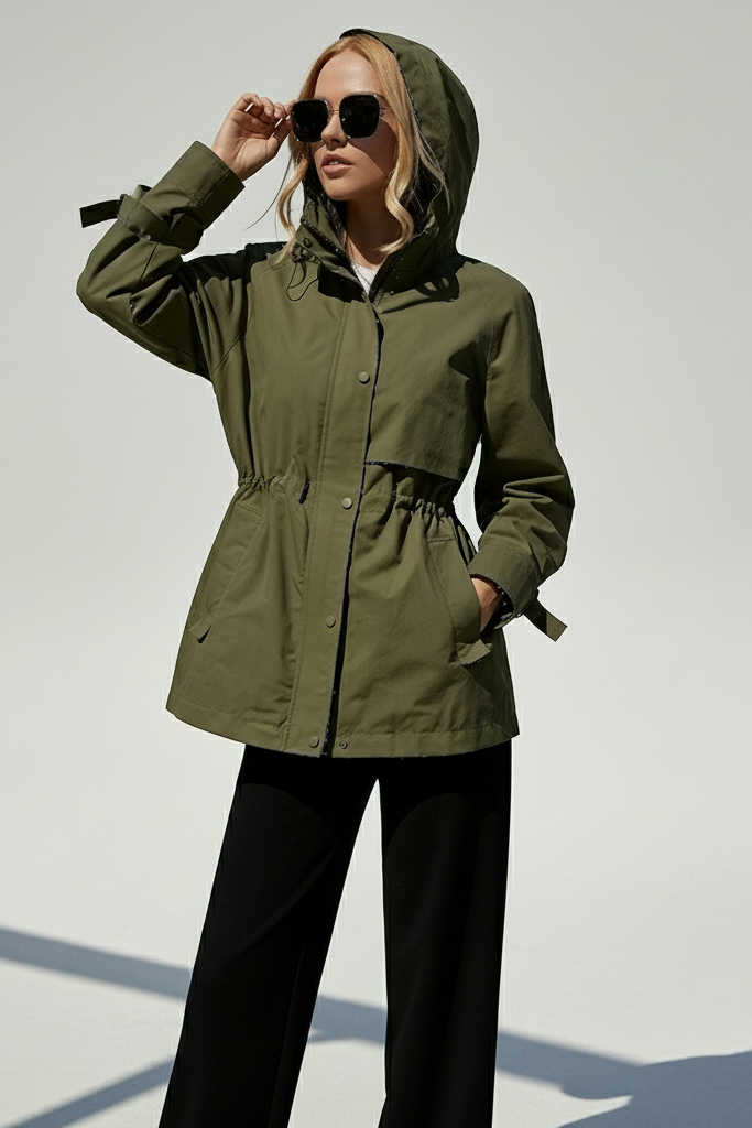ORVINA Autumn Casual Jacket – woman coat spring – Studio shot dark green hooded jacket