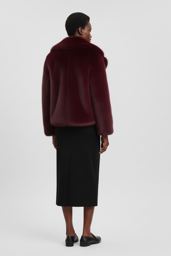 Outdoor lifestyle image highlighting the soft fabric of the RAELORA faux fur coat.