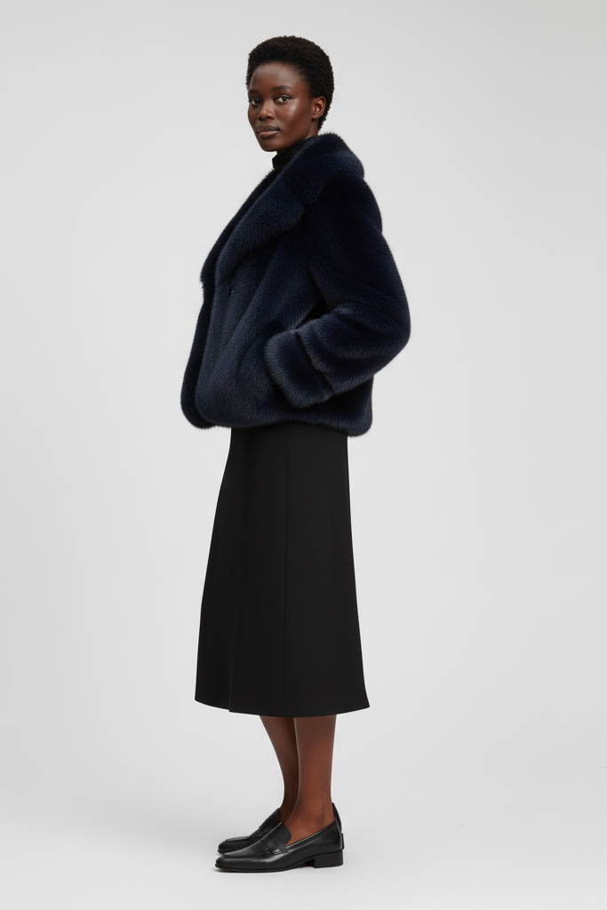 Outdoor lifestyle image highlighting the soft fabric of the RAELORA faux fur coat.