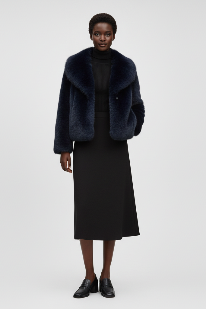 Outdoor lifestyle image highlighting the soft fabric of the RAELORA faux fur coat.