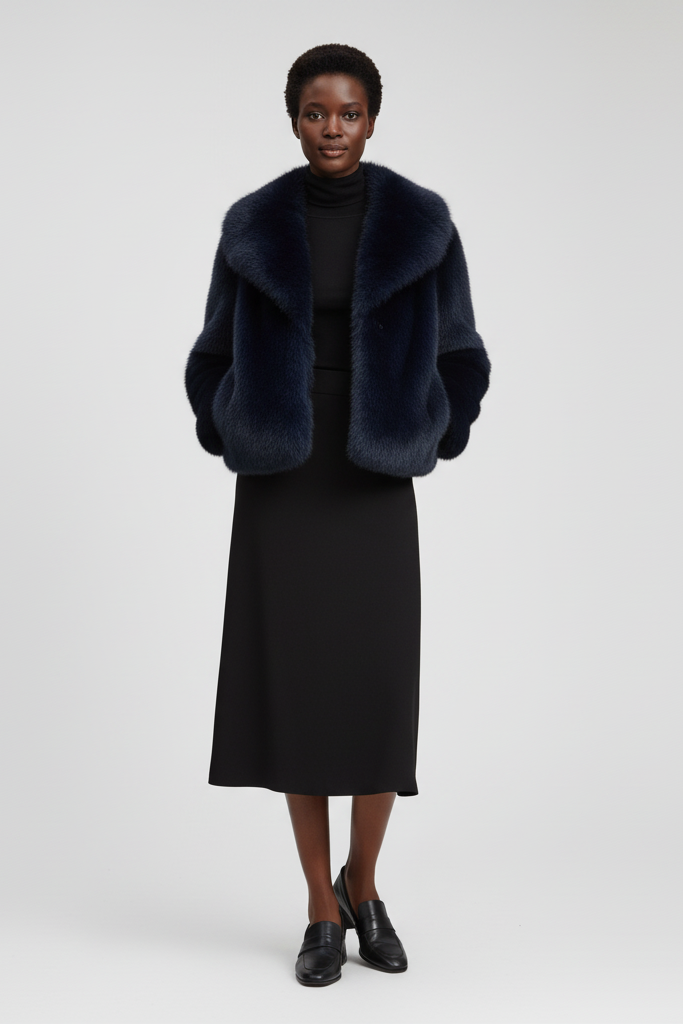 Outdoor lifestyle image highlighting the soft fabric of the RAELORA faux fur coat.