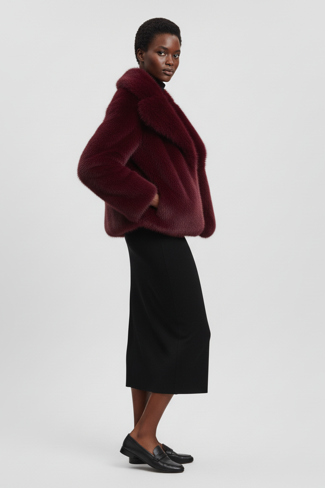 
Outdoor lifestyle image highlighting the soft fabric of the RAELORA faux fur coat.