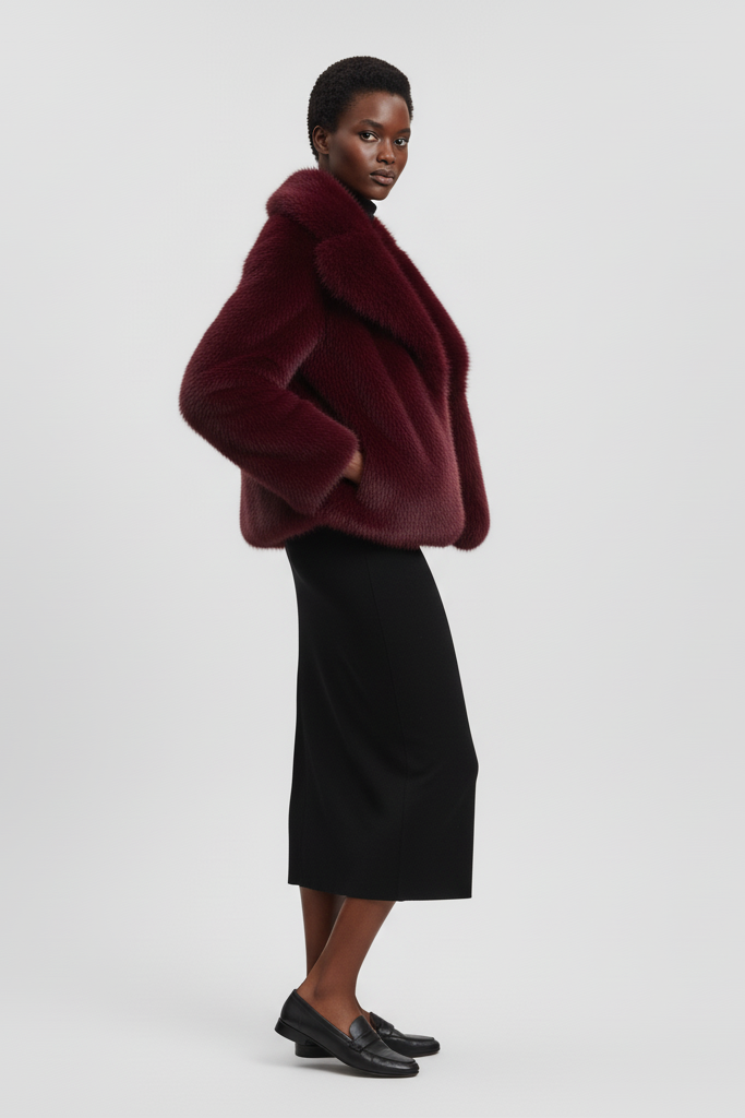 
Outdoor lifestyle image highlighting the soft fabric of the RAELORA faux fur coat.