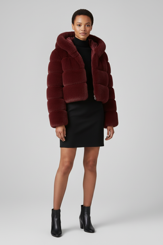 Outdoor lifestyle photo of the VELMIRA faux fur jacket highlighting its soft fabric.