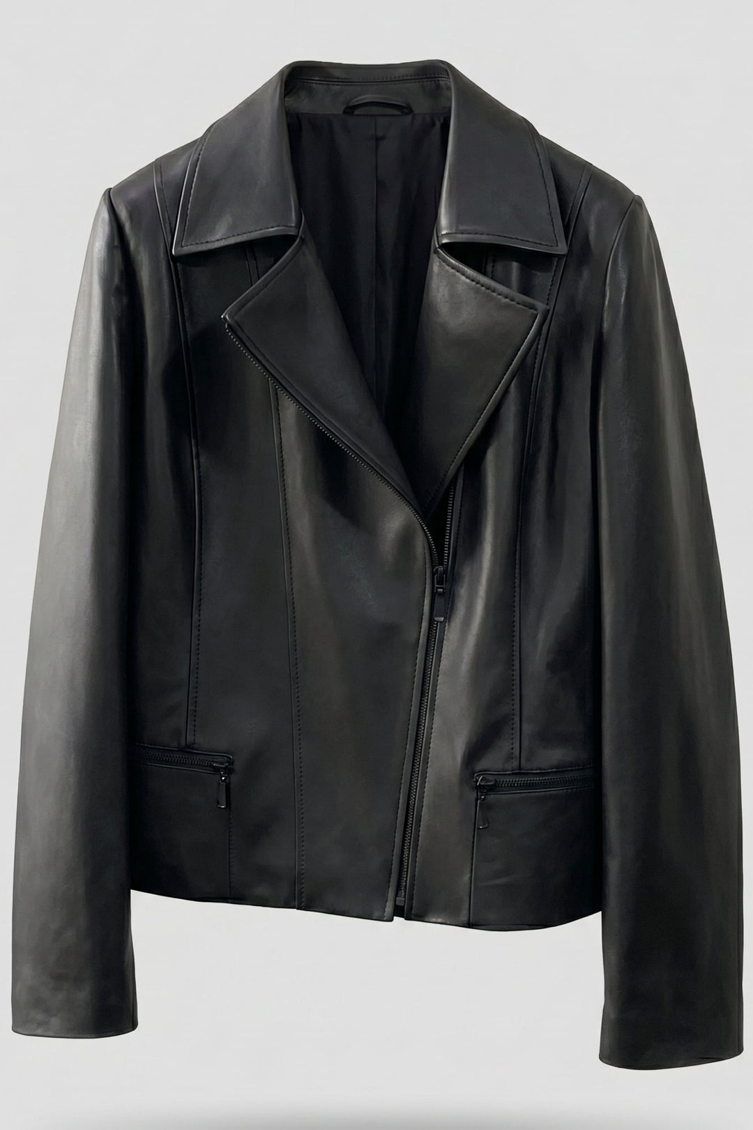 PAULETTE - MOTO LEATHER JACKET, black, zippered, collared, front view