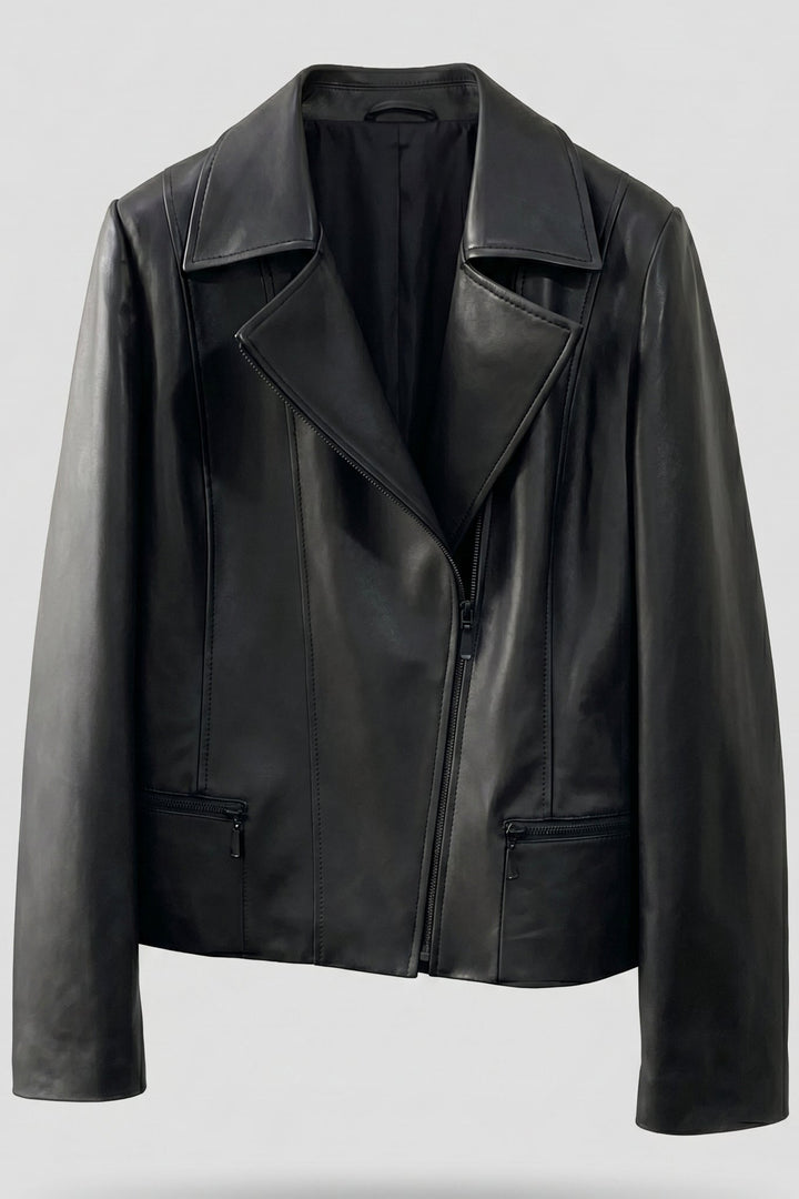 PAULETTE - MOTO LEATHER JACKET, black, zippered, collared, front view