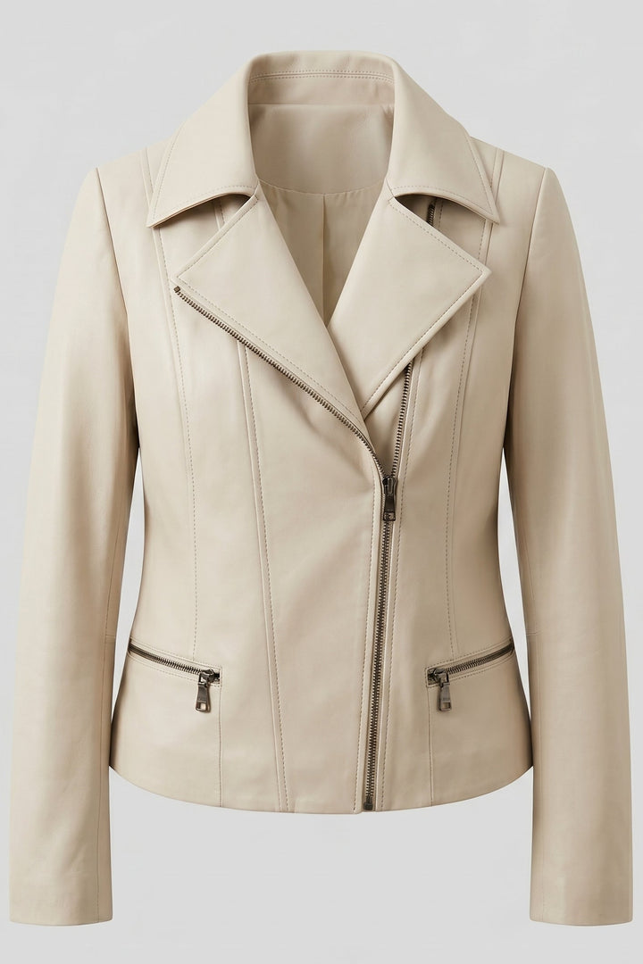 PAULETTE - MOTO LEATHER JACKET, cream, zippered, collared
