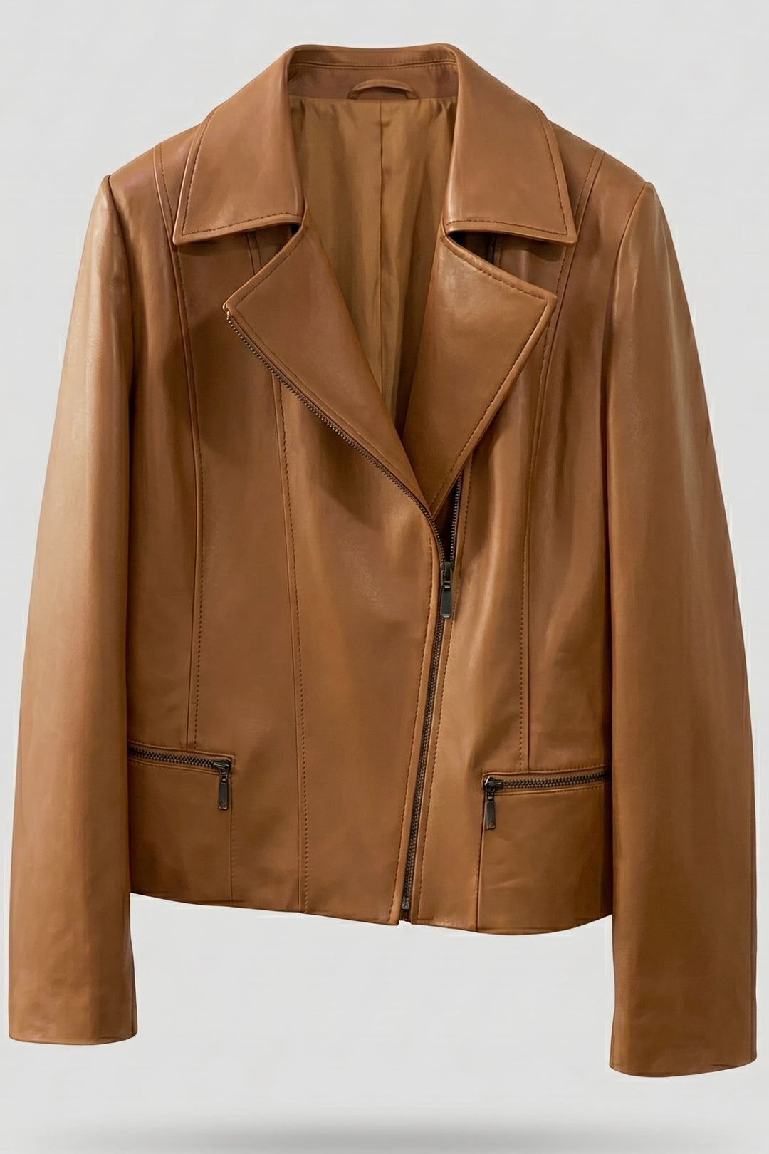 PAULETTE - MOTO LEATHER JACKET, tan, zippered, collared, hanging
