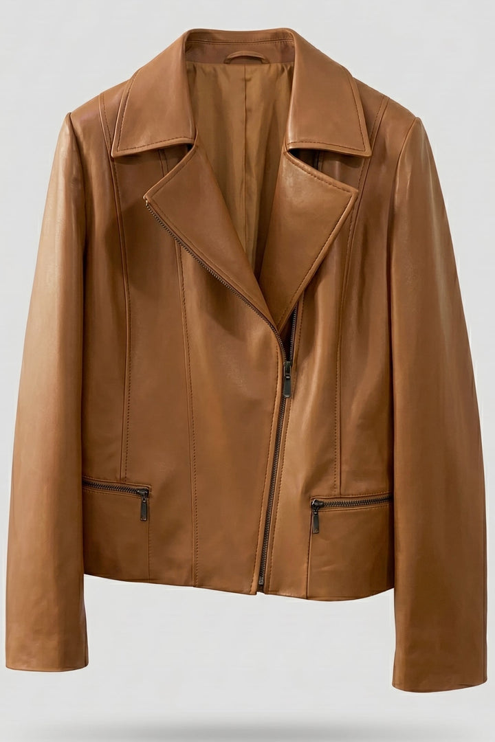 PAULETTE - MOTO LEATHER JACKET, tan, zippered, collared, hanging