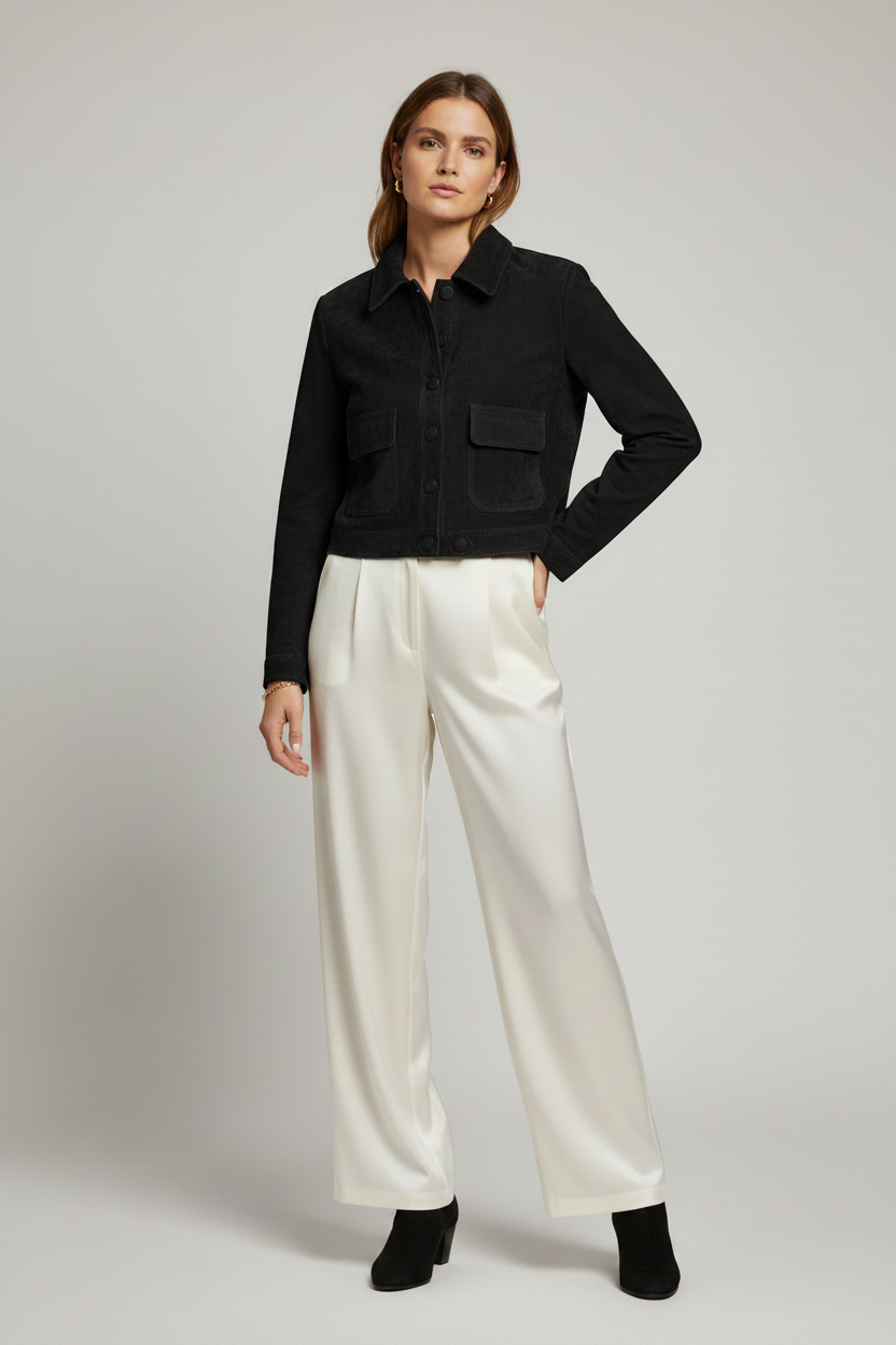PAYTONE - Cropped Goat Suede Jacket, Black, Full Body Shot
