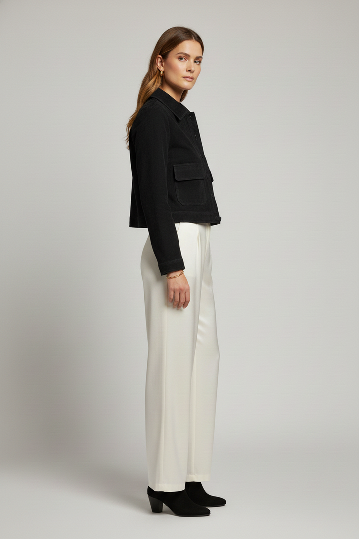 PAYTONE - Cropped Goat Suede Jacket, Black, Side View on Model