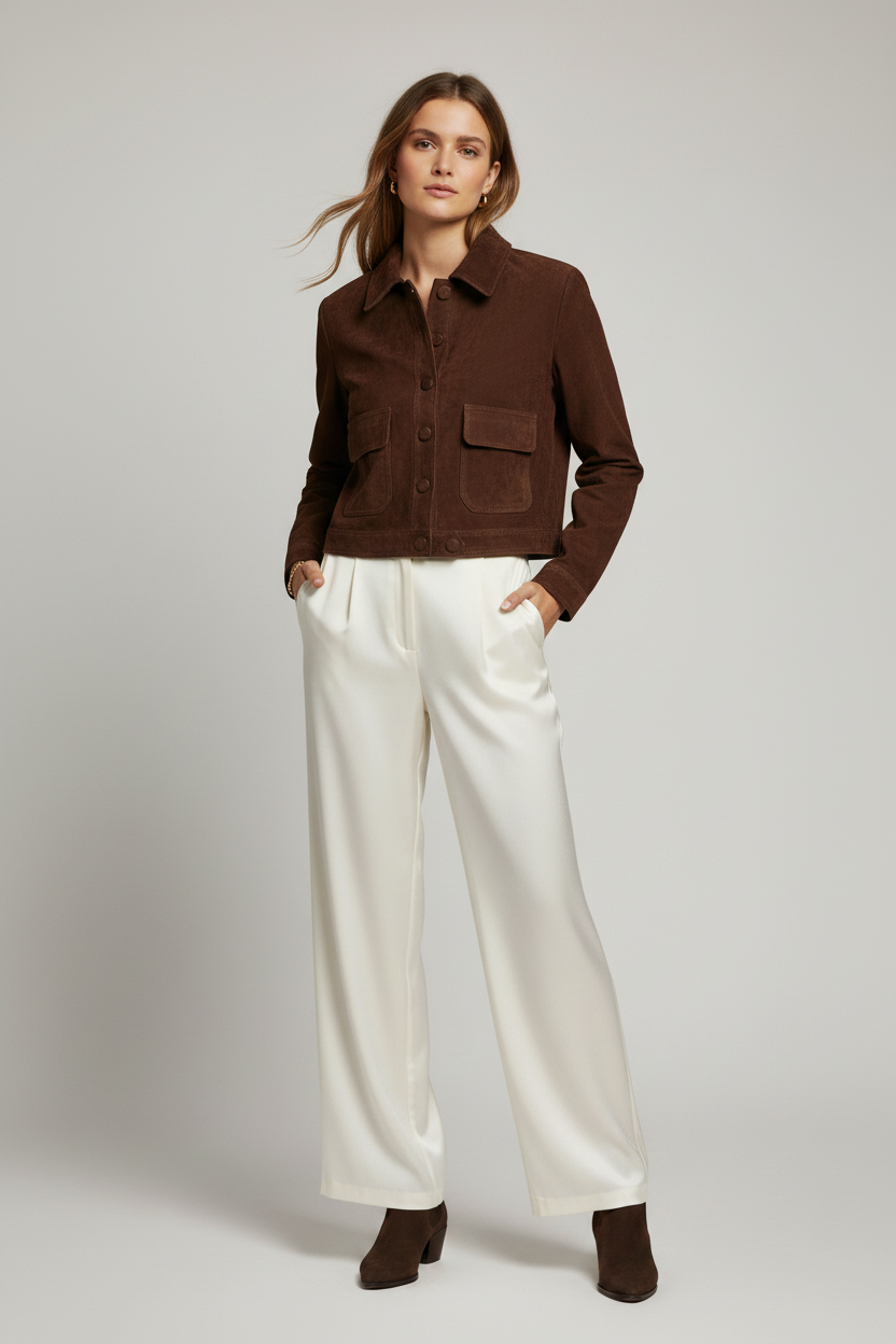 PAYTONE - Cropped Goat Suede Jacket, Brown, Interior Lining Detail