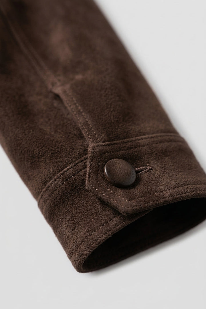 PAYTONE - Cropped Goat Suede Jacket, Brown, Cuff Detail