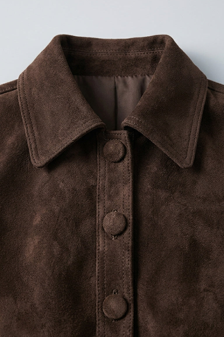 PAYTONE - Cropped Goat Suede Jacket, Brown, Collar Detail