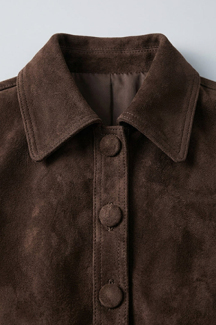 PAYTONE - Cropped Goat Suede Jacket, Brown, Collar Detail