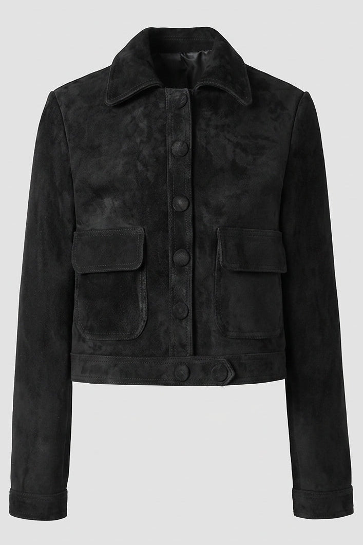PAYTONE - Cropped Goat Suede Jacket, Brown, Chest Pocket Detail