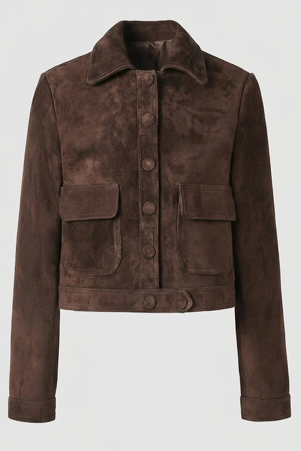 PAYTONE - Cropped Goat Suede Jacket, Brown, Close-up of Suede Texture