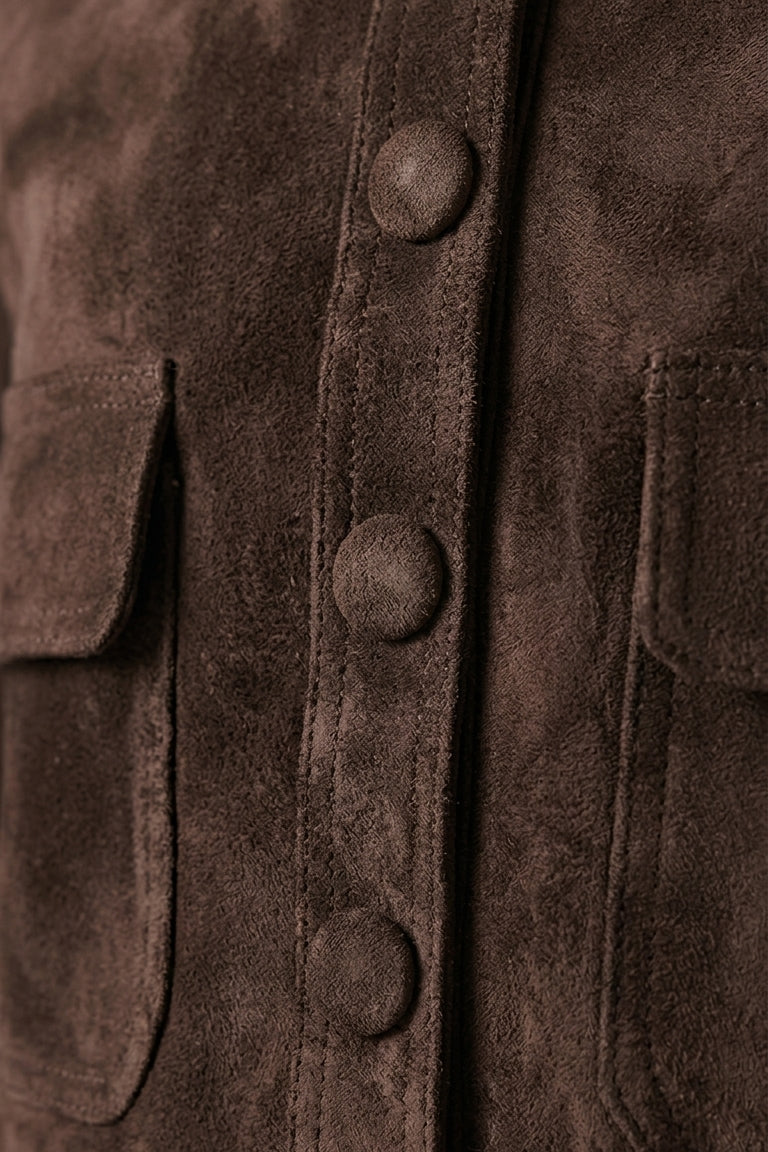PAYTONE - Cropped Goat Suede Jacket, Brown, Button Detail