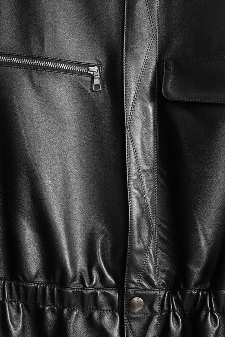 PAYTON - Black leather jacket, chest detail, zippered pocket, flap pocket