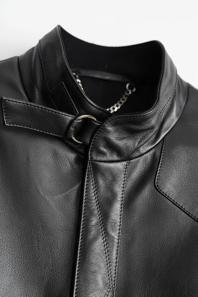 PAYTON - Black leather jacket, collar detail, silver hardware, leather strap