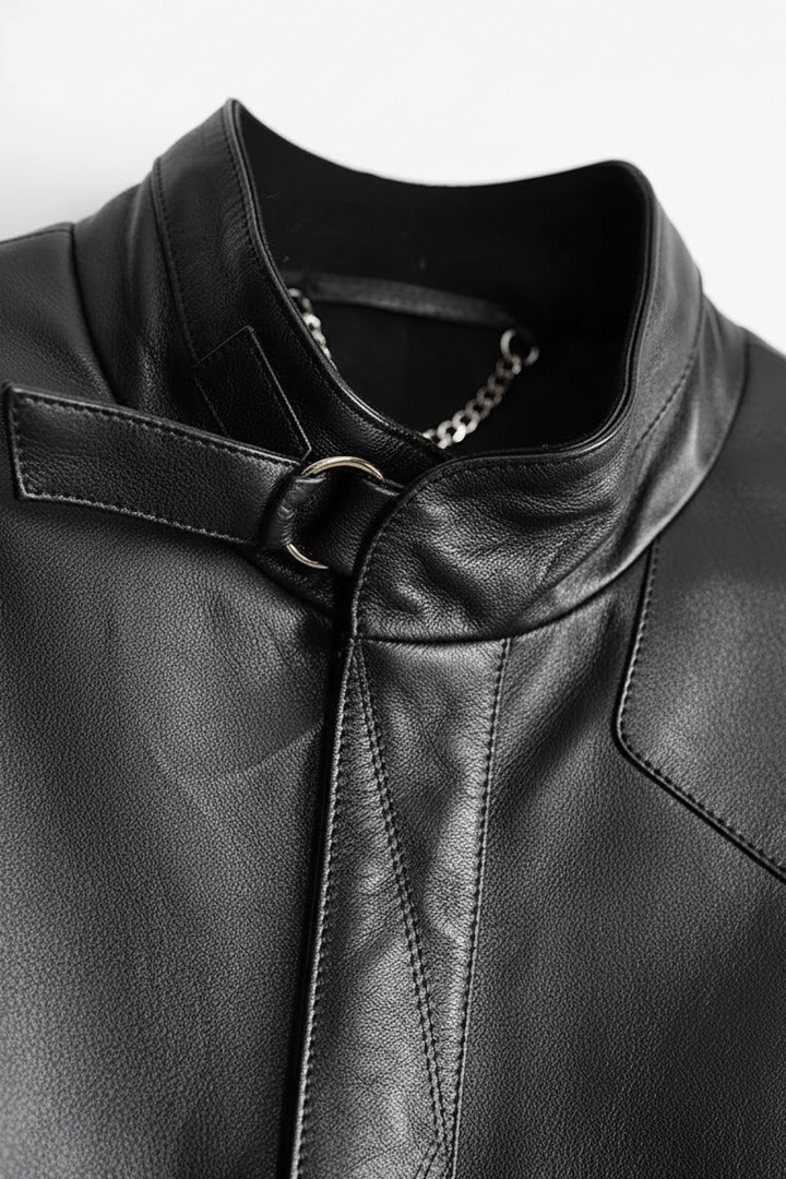 PAYTON - Black leather jacket, collar detail, silver hardware, leather strap