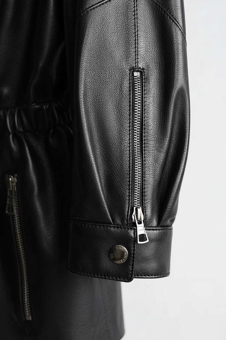 PAYTON - Black leather jacket, sleeve detail, zippered cuff, snap button