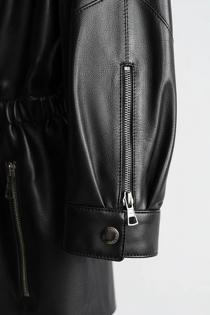 PAYTON - Black leather jacket, sleeve detail, zippered cuff, snap button