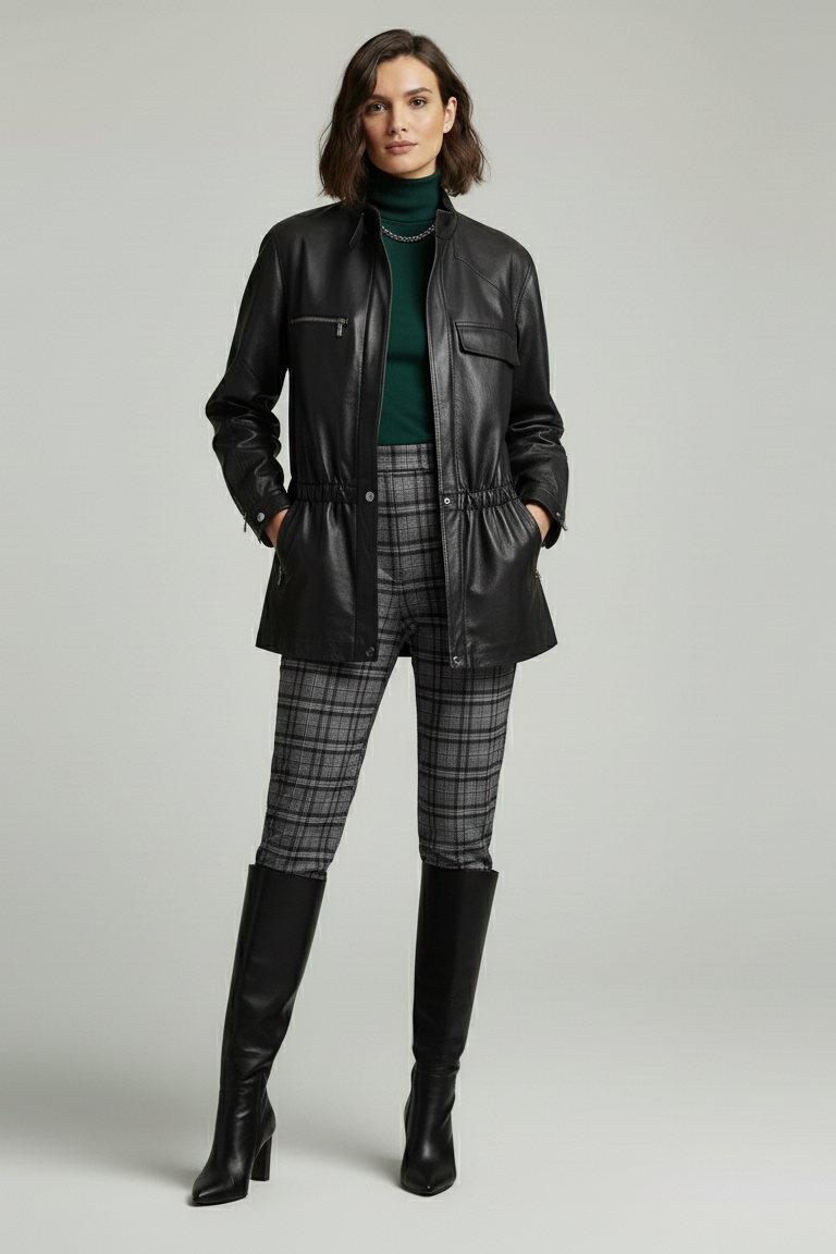 PAYTON - Model in black leather jacket, styled with plaid trousers and boots