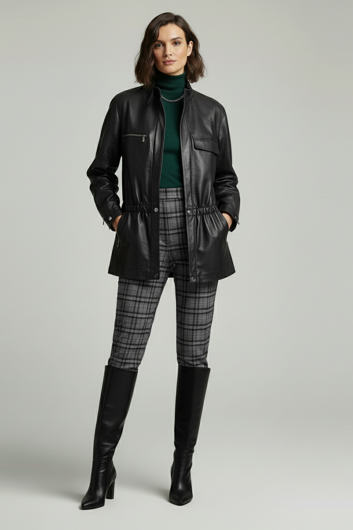PAYTON - Model in black leather jacket, styled with plaid trousers and boots