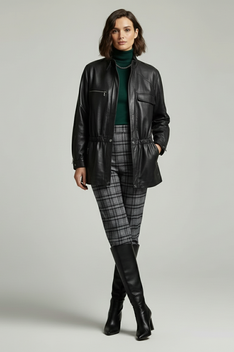 PAYTON - Model wearing black leather jacket, green turtleneck, plaid pants, black boots