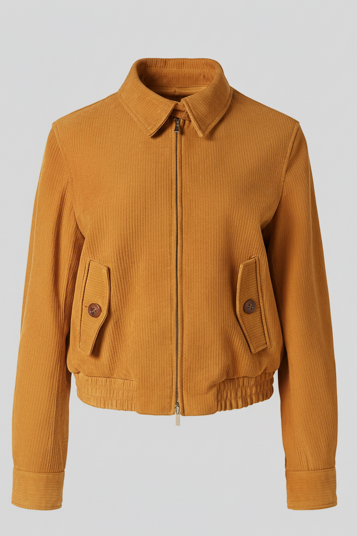 PIPER - Cropped Bomber Jacket, tan corduroy bomber style, elasticated hem