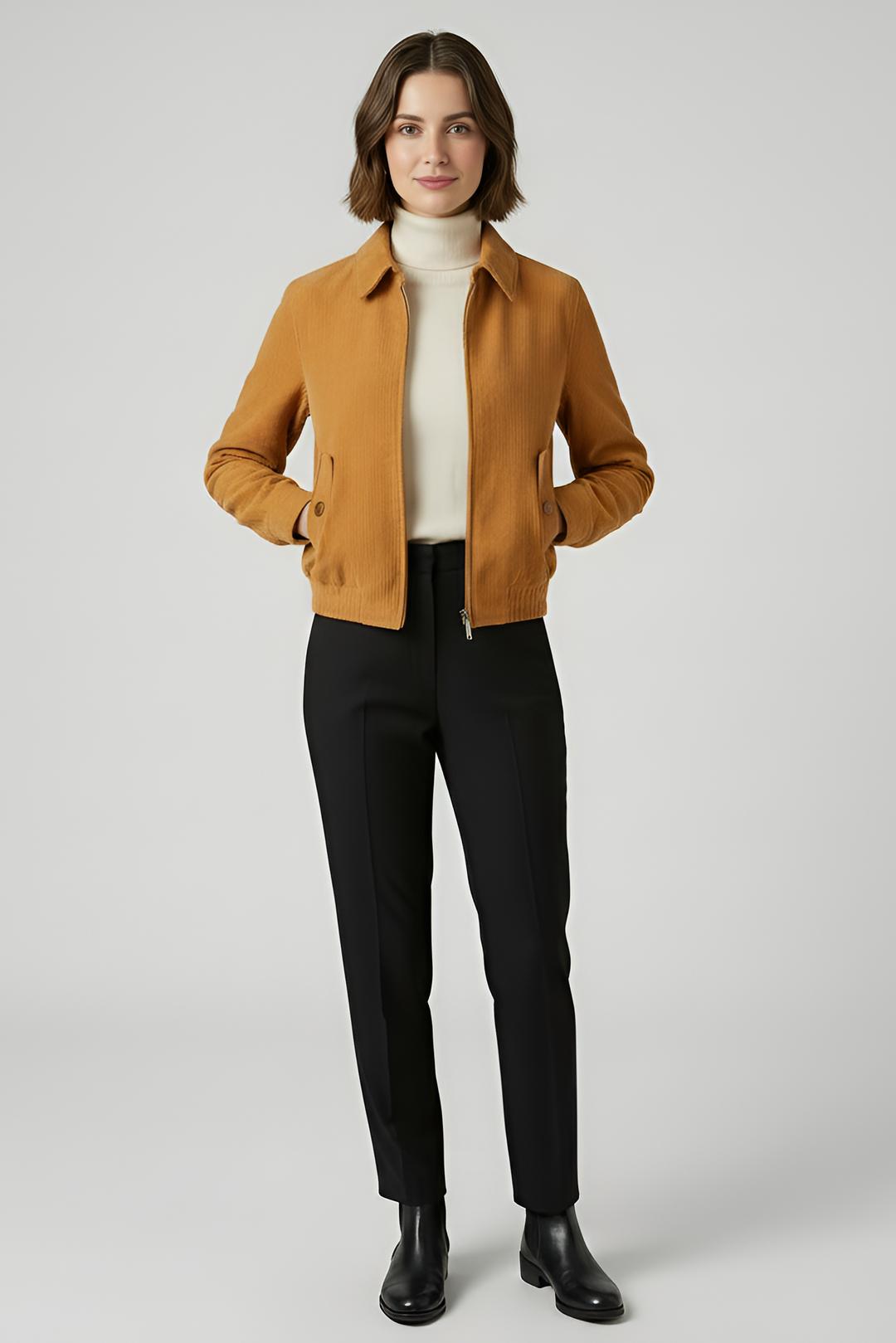 PIPER - Cropped Bomber Jacket, tan corduroy, full zip, model front view