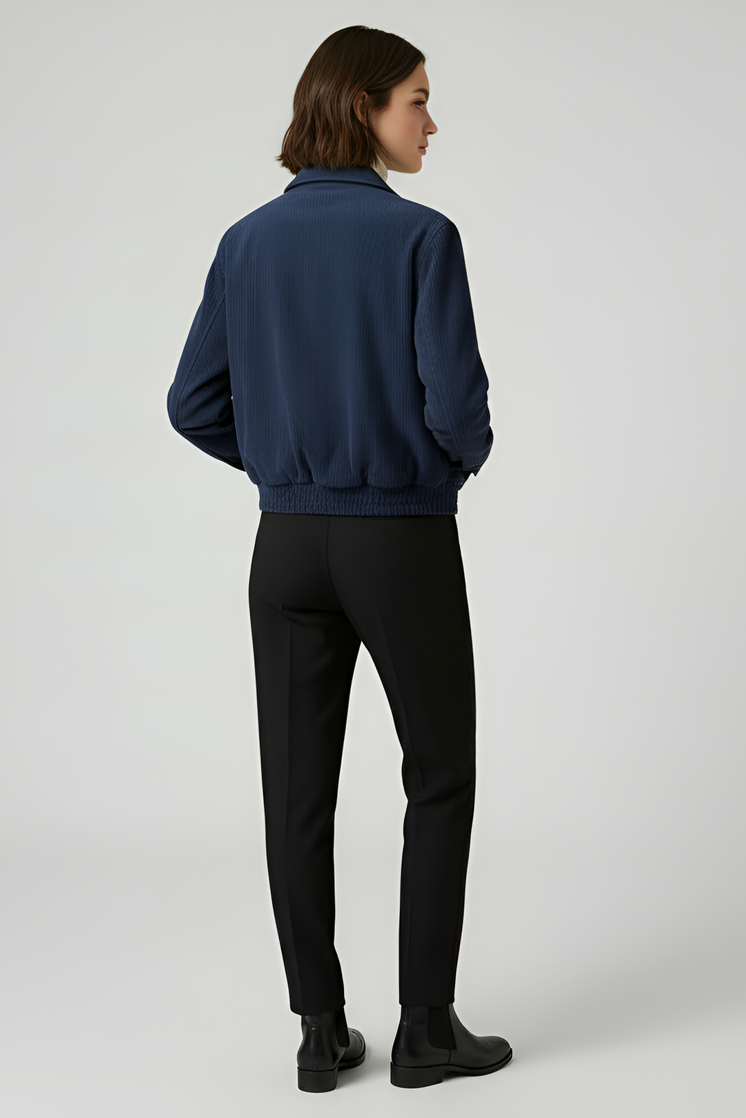 PIPER - Cropped Bomber Jacket, navy corduroy, back view, model showing rear