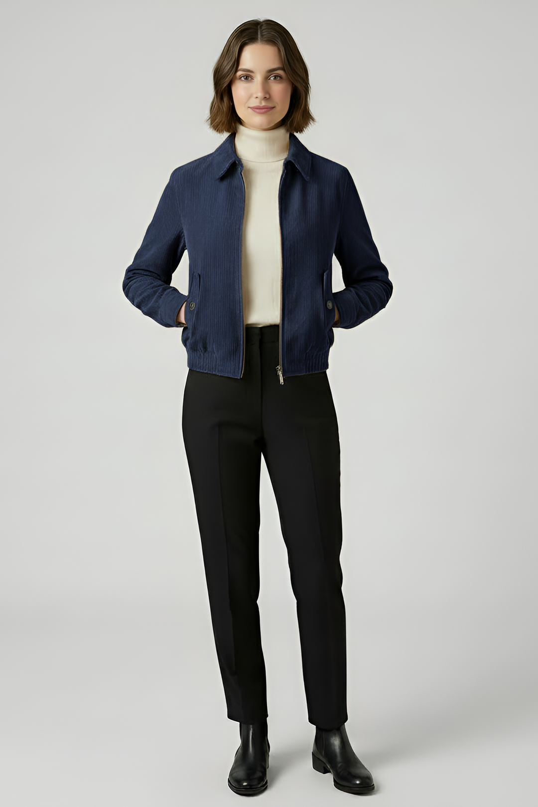PIPER - Cropped Bomber Jacket, navy corduroy, full zip, model front view