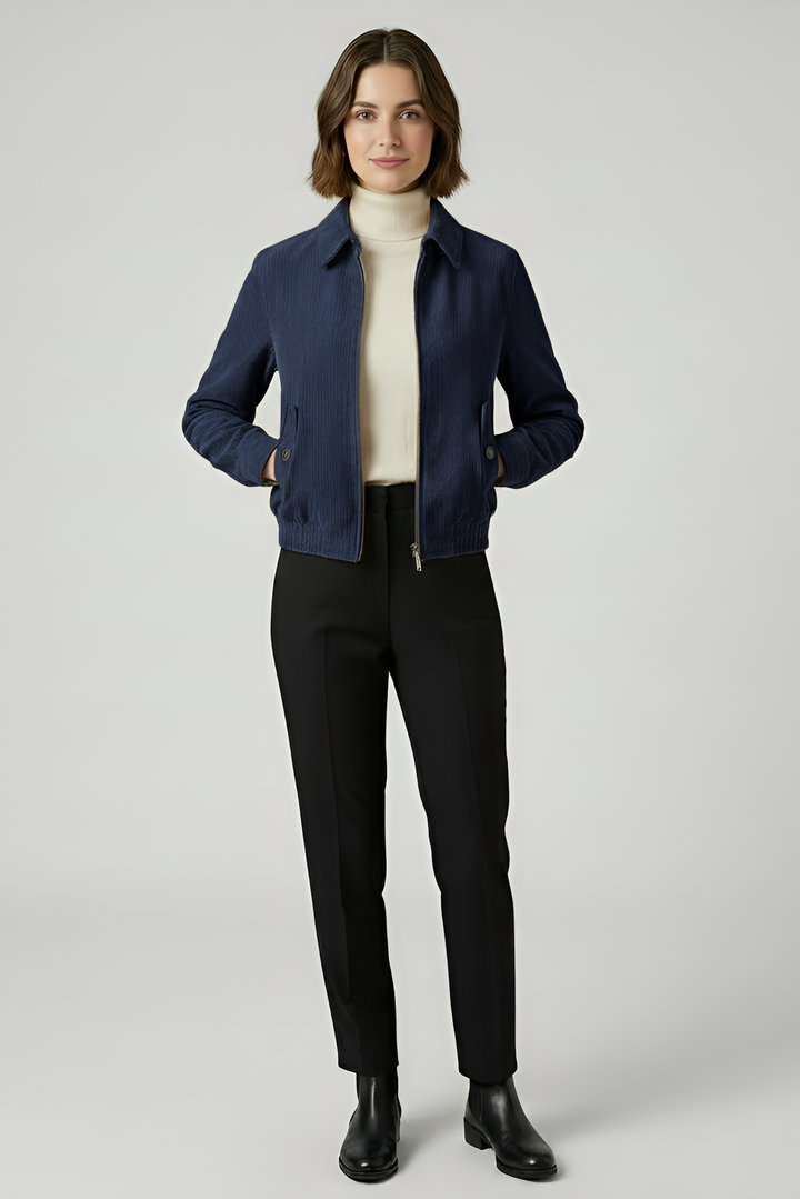 PIPER - Cropped Bomber Jacket, navy corduroy, full zip, model front view