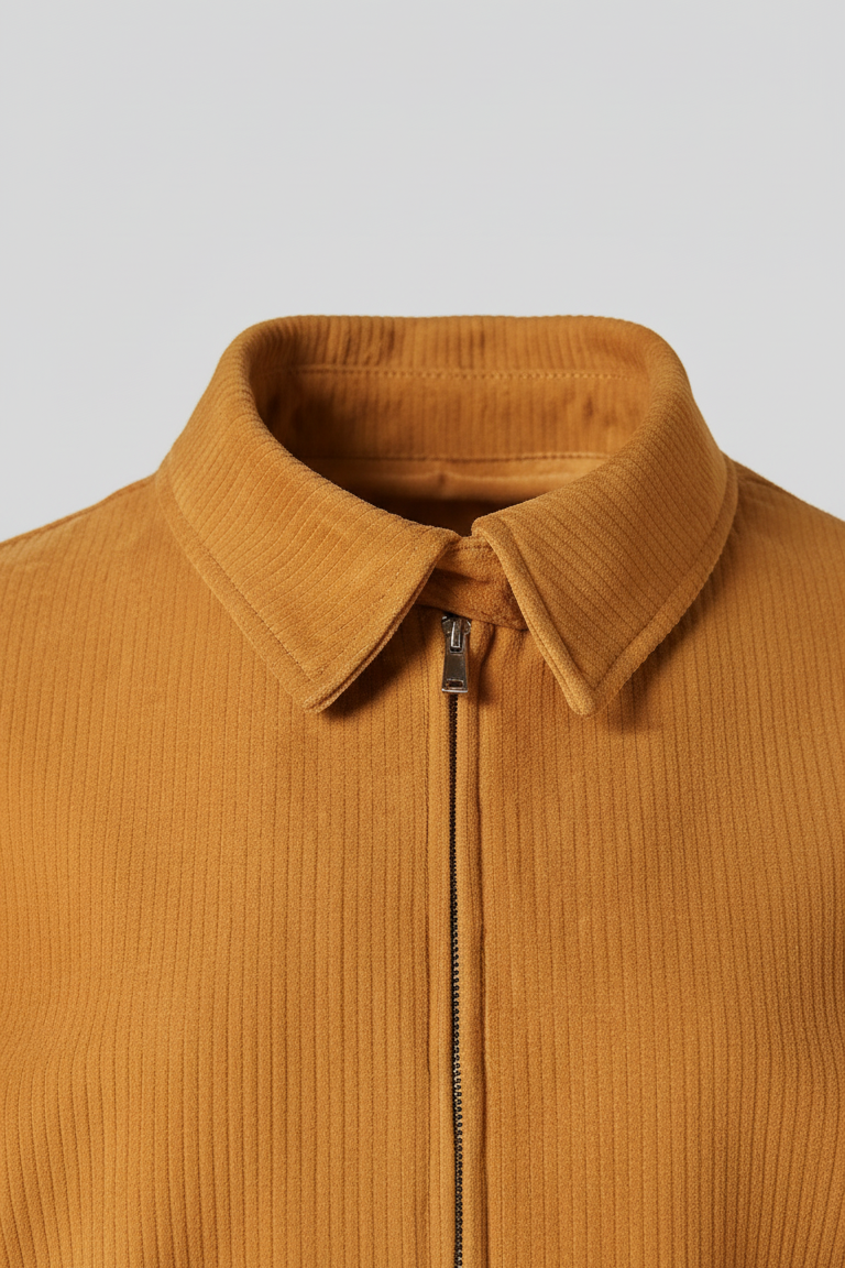 PIPER - Cropped Bomber Jacket, tan corduroy collar detail, zipper front