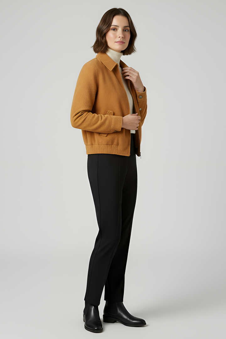 PIPER - Cropped Bomber Jacket, tan corduroy, side profile, model looking left