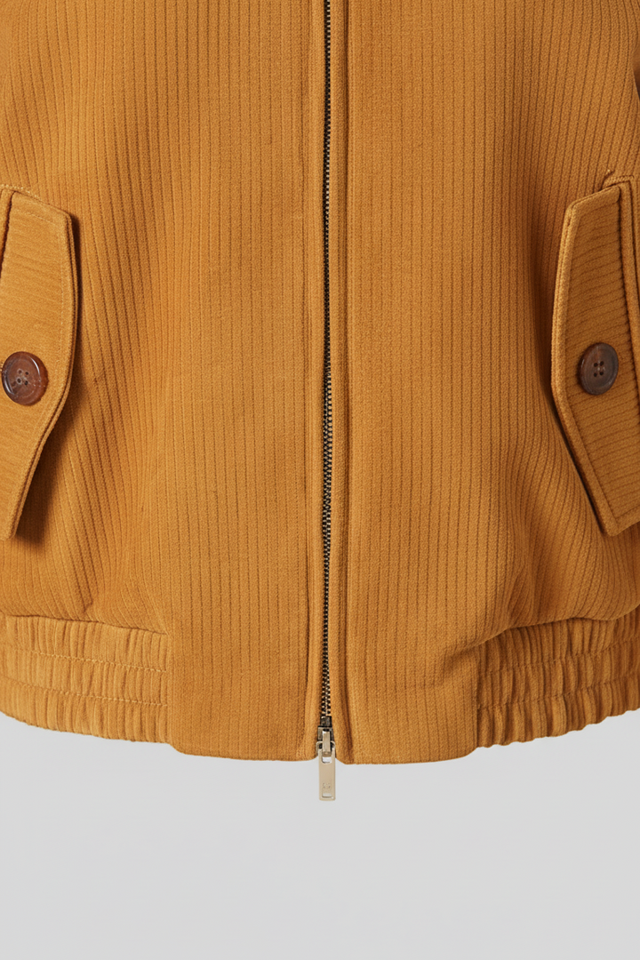 PIPER - Cropped Bomber Jacket, tan corduroy front pocket detail, button closure