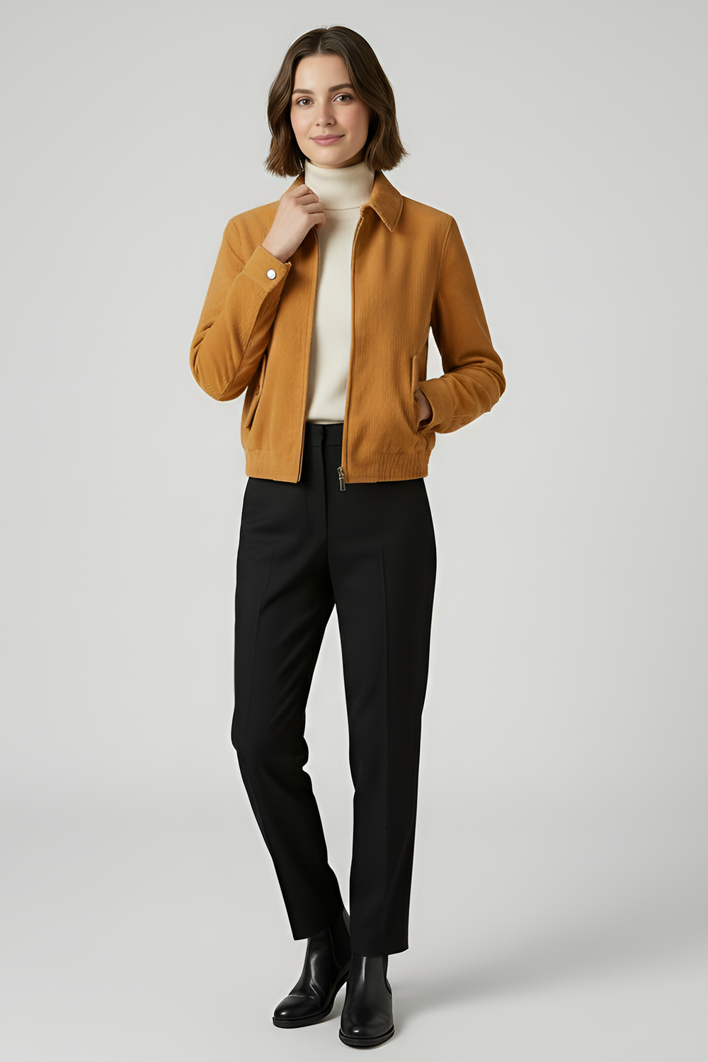 PIPER - Cropped Bomber Jacket, tan corduroy, hands in pockets, model pose