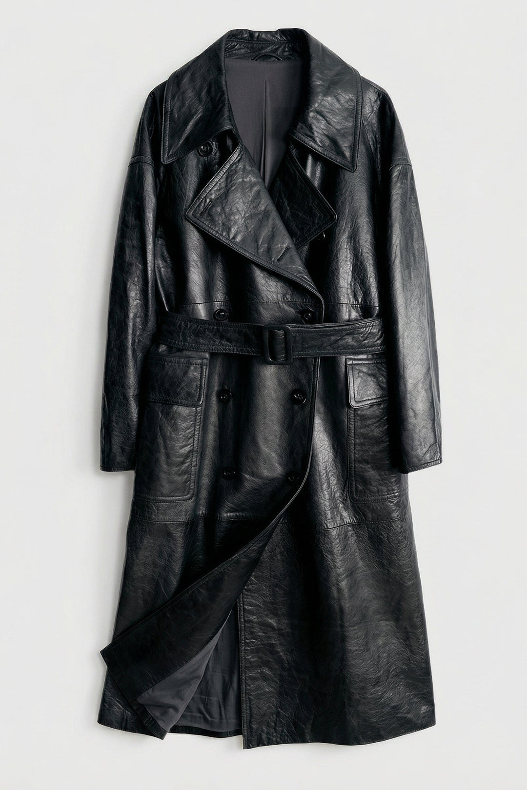 PRESCOTT - Black leather trench coat, belted, double-breasted, detailed texture