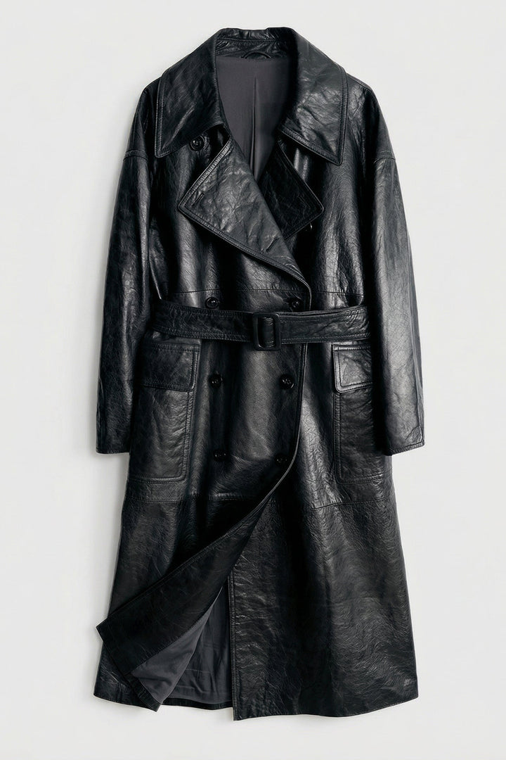 PRESCOTT - Black leather trench coat, belted, double-breasted, detailed texture