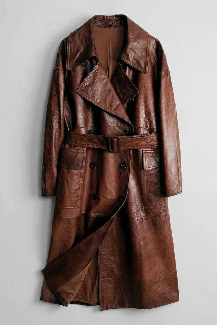 PRESCOTT - Brown leather trench coat, belted, double-breasted, detailed texture