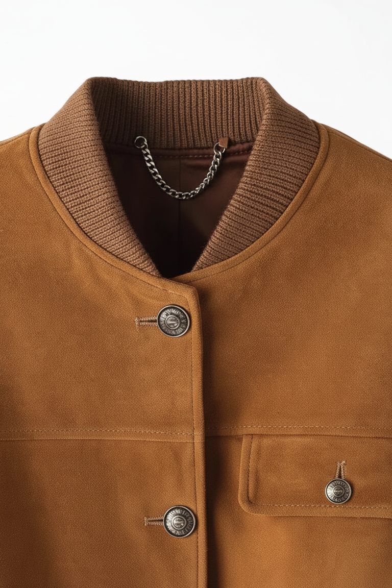 PRESLEY - Close-up of brown suede bomber jacket collar and buttons