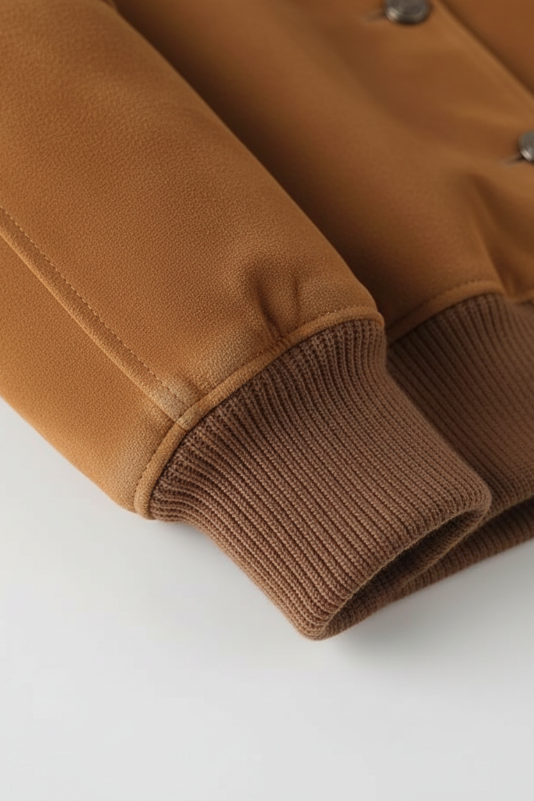PRESLEY - Close-up of brown suede bomber jacket sleeve details
