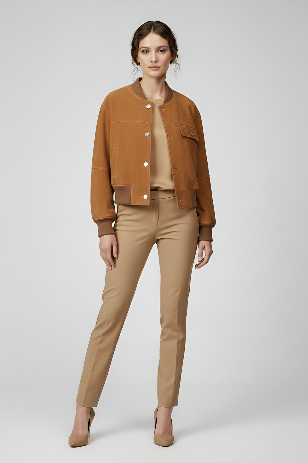 PRESLEY - camel suede bomber jacket, full body shot