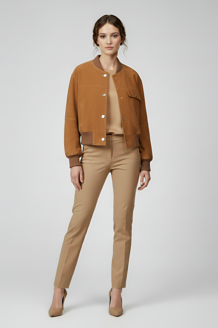 PRESLEY - camel suede bomber jacket, full body shot